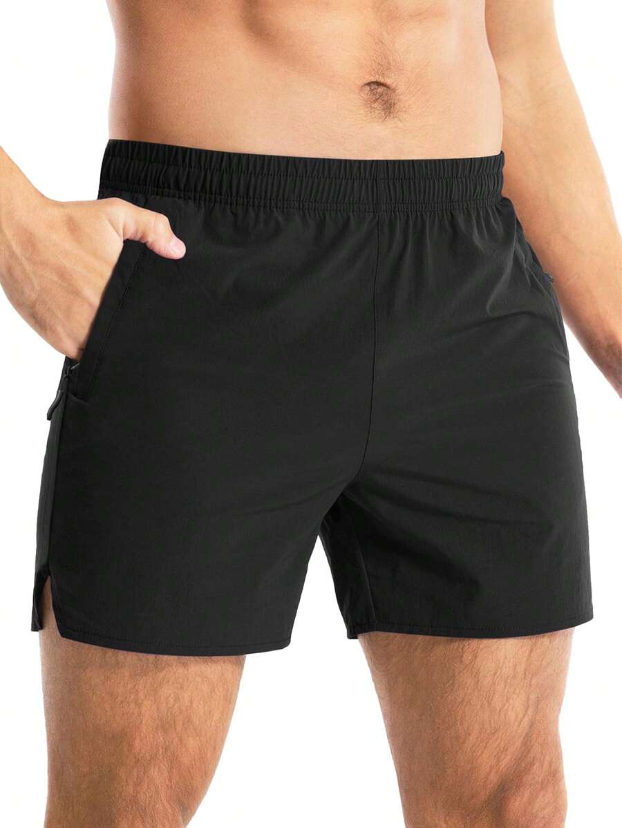 Daily&Casual 男士拉链口袋开衩运动短裤黑色运动裤 - 黑色 - 查看 1