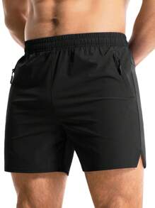 Daily&Casual 男士拉链口袋开衩运动短裤黑色运动裤 - 黑色 - 查看 3