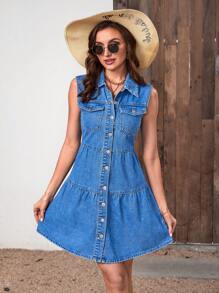 SHEIN Frenchy 翻蓋口袋荷葉邊牛仔裙 - 中等水洗藍 - 查看 3