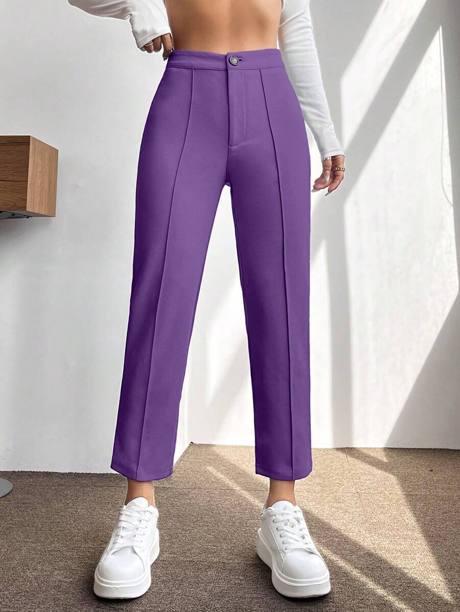 SHEIN PETITE 高腰接縫細節長褲 - 紫羅蘭色 - 查看 1