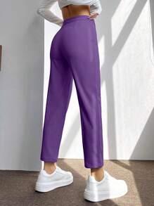 SHEIN PETITE 高腰接縫細節長褲 - 紫羅蘭色 - 查看 2