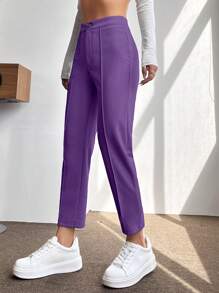 SHEIN PETITE 高腰接縫細節長褲 - 紫羅蘭色 - 查看 3