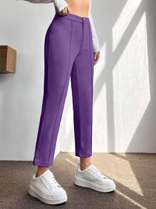SHEIN PETITE 高腰接縫細節長褲 - 紫羅蘭色 - 查看 4