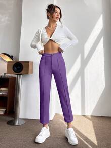 SHEIN PETITE 高腰接縫細節長褲 - 紫羅蘭色 - 查看 5