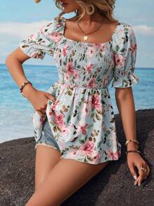 SHEIN VCAY 花卉印花泡泡袖荷叶边衬衫 荷叶边上衣 - 淺藍色 - 查看 3