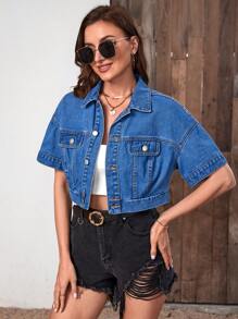 SHEIN LUNE Flap Pocket Drop Shoulder Denim Jacket - Medium Wash - View 2