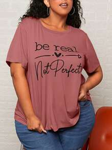 SHEIN CURVE+ Áo thun Plus size Slogan Giải trí - Bụi hồng - Xem 1