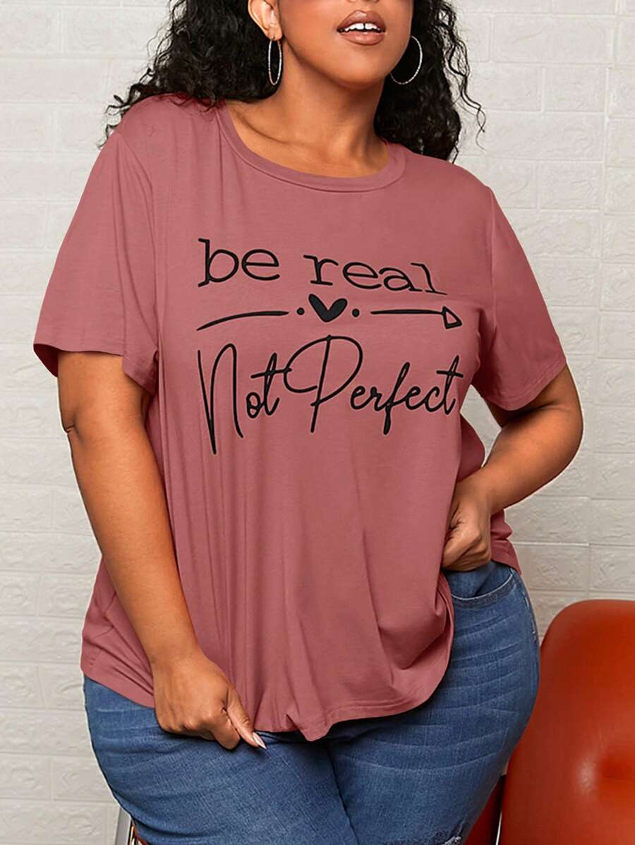 SHEIN CURVE+ Áo thun Plus size Slogan Giải trí - Bụi hồng - Xem 1