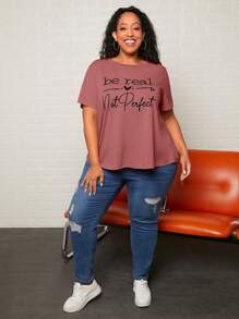 SHEIN CURVE+ Áo thun Plus size Slogan Giải trí - Bụi hồng - Xem 3