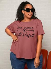 SHEIN CURVE+ Áo thun Plus size Slogan Giải trí - Bụi hồng - Xem 4