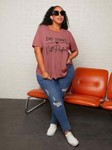 SHEIN CURVE+ Áo thun Plus size Slogan Giải trí - Bụi hồng - Xem 5