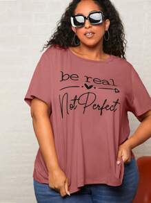 SHEIN CURVE+ Áo thun Plus size Slogan Giải trí - Bụi hồng - Xem 6
