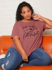 SHEIN CURVE+ Áo thun Plus size Slogan Giải trí - Bụi hồng - Xem 8