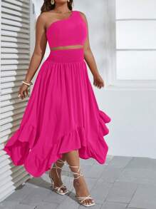 SHEIN VCAY Plus One Shoulder Crop Top & Ruffle Hem Skirt - Hot Pink - View 3