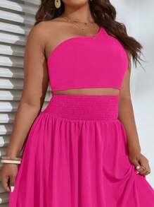 SHEIN VCAY Plus One Shoulder Crop Top & Ruffle Hem Skirt - Hot Pink - View 5