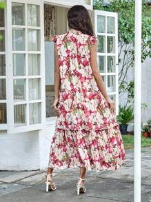 SHEIN VCAY Đầm Xù Viên lá sen Thắt nơ trước Hoa Tất cả trên in Boho - Nhiều màu - Xem 2