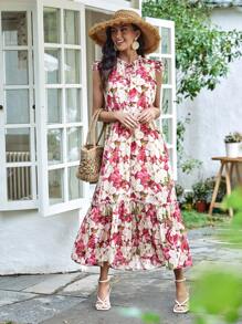SHEIN VCAY Đầm Xù Viên lá sen Thắt nơ trước Hoa Tất cả trên in Boho - Nhiều màu - Xem 3