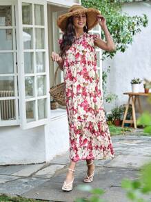 SHEIN VCAY Đầm Xù Viên lá sen Thắt nơ trước Hoa Tất cả trên in Boho - Nhiều màu - Xem 4