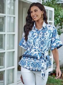 SHEIN VCAY Paisley Print Belted Shirt - White - View 3