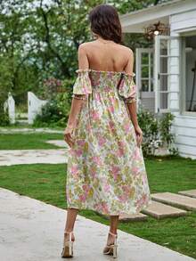 SHEIN LUNE Floral Print Off Shoulder Frill Trim Dress - Multicolor - View 2