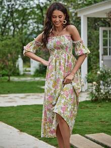 SHEIN LUNE Floral Print Off Shoulder Frill Trim Dress - Multicolor - View 3