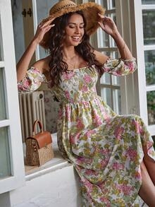 SHEIN LUNE Floral Print Off Shoulder Frill Trim Dress - Multicolor - View 4