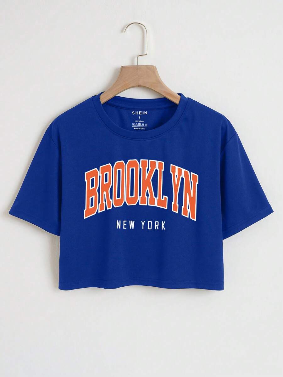 SHEIN EZwear Camiseta crop con estampado de letra - azul real - Ver 1