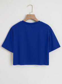 SHEIN EZwear Camiseta crop con estampado de letra - azul real - Ver 2