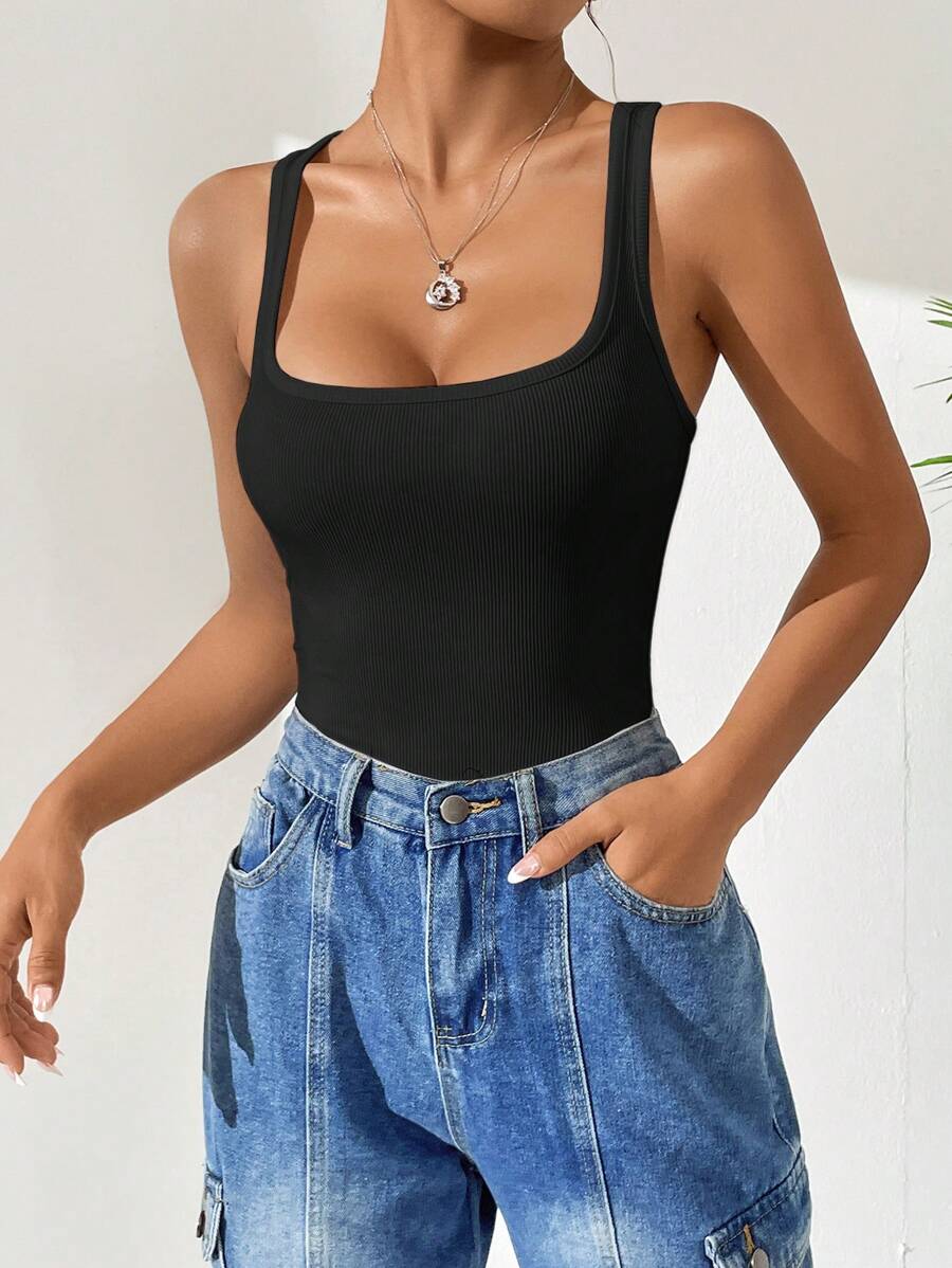 SHEIN EZwear Áo liền quần ôm nữ Gân đan màu trơn Giải trí - màu đen - Xem 1