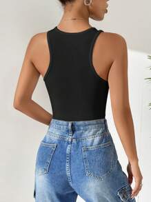 SHEIN EZwear Áo liền quần ôm nữ Gân đan màu trơn Giải trí - màu đen - Xem 2