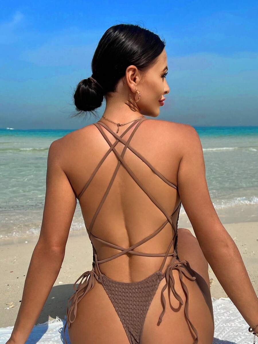 SHEIN Swim 夏季海灘實色交叉露背打結側面高腰一片式泳裝