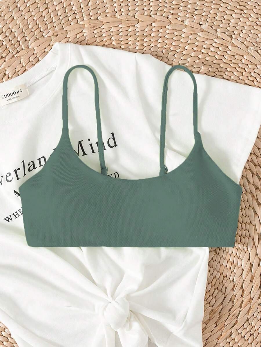 SHEIN Swim 素色細肩帶比基尼泳裝上衣 - 綠色 - 查看 1