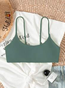 SHEIN Swim 素色細肩帶比基尼泳裝上衣 - 綠色 - 查看 3