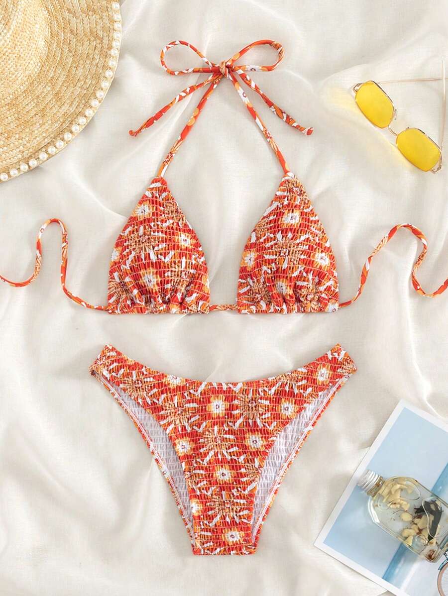Swim Mod Summer Beach Floral Print Halter Triangle Bikini Set - Multicolor - View 1