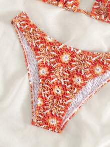 Swim Mod Summer Beach Floral Print Halter Triangle Bikini Set - Multicolor - View 5