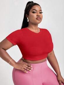 Slaydiva Plus Solid Crop Tee - Red - View 3