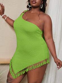 Slaydiva Plus One Shoulder Fringe Trim Asymmetrical Hem Dress - Lime Green - View 4