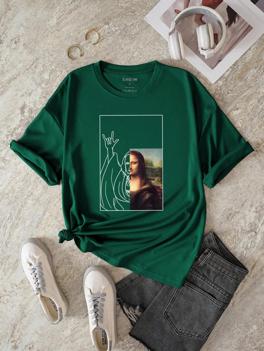 SHEIN LUNE Áo thun nữ Con số Giải trí - Màu xanh lá cây đậm - Xem 1