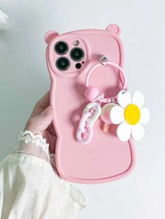 可愛耳朵裝飾手機殼帶花卉圖案吊墜