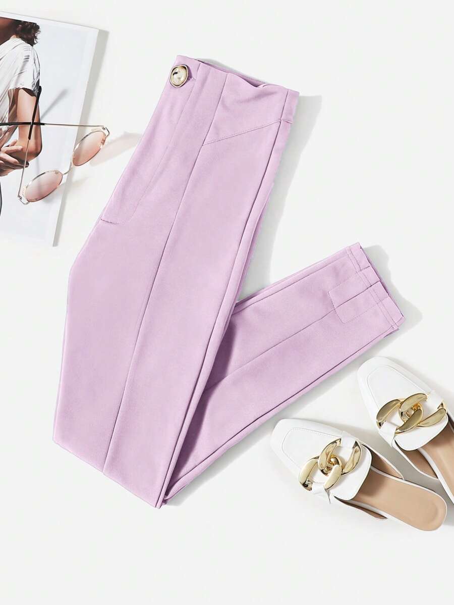 SHEIN LUNE Solid Slant Pocket Skinny Trousers - Lilac Purple - View 1