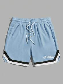 Manfinity VCAY Men Letter Graphic Striped Trim Drawstring Waist Shorts - Baby Blue - View 1