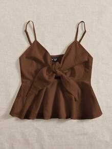 Soleia Knot Front Ruffle Hem Cami Top - Coffee Brown - View 3