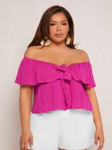 SHEIN SXY Plus Off Shoulder Ruffle Trim Knot Front Blouse - Hot Pink - View 5