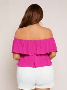 SHEIN SXY Plus Off Shoulder Ruffle Trim Knot Front Blouse - Hot Pink - View 3