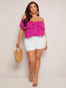 SHEIN SXY Plus Off Shoulder Ruffle Trim Knot Front Blouse - Hot Pink - View 6