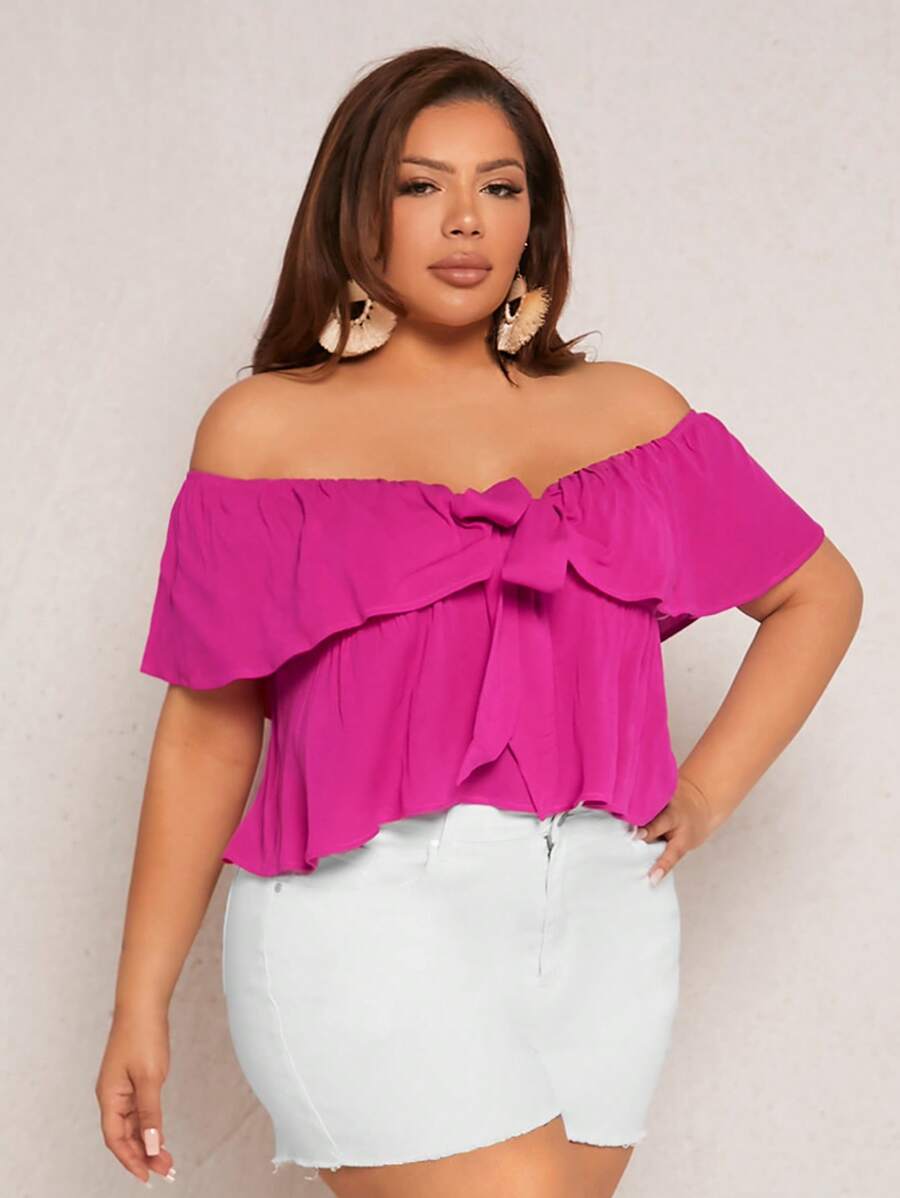 SHEIN SXY Plus Off Shoulder Ruffle Trim Knot Front Blouse - Hot Pink - View 1
