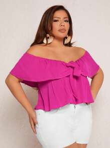 SHEIN SXY Plus Off Shoulder Ruffle Trim Knot Front Blouse - Hot Pink - View 7