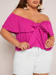 SHEIN SXY Plus Off Shoulder Ruffle Trim Knot Front Blouse - Hot Pink - View 4