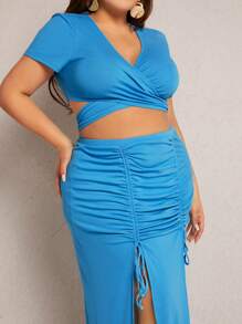 SHEIN SXY 大碼十字交叉後綁帶短款上衣和抽繩高衩半身裙 - 薄荷藍 - 查看 5