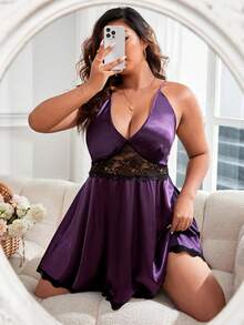 Đầm mặc nhà Kích Thước Lớn Lộ Lưng Tương phản ren Hội Chữ thập Khối Màu - Màu tím - Xem 3